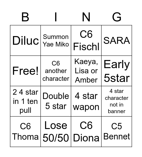 YAE SUMMONS Bingo Card