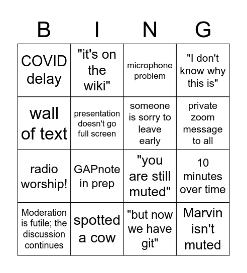 workshop bingo Card