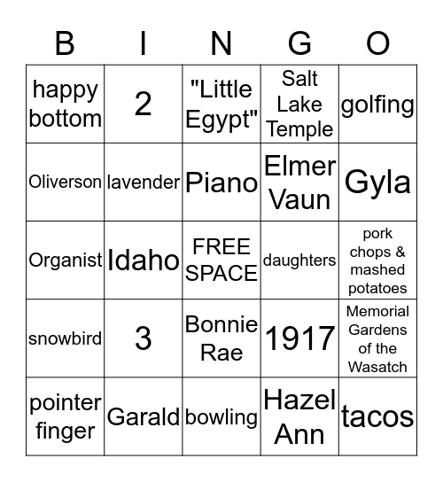 Grandma Nanny's Family Bingo Card