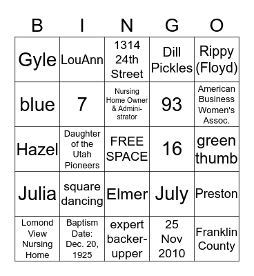 Grandma Nanny's Family Bingo Card