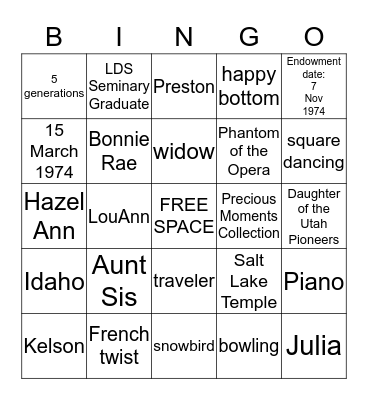 Grandma Nanny's Family Bingo Card