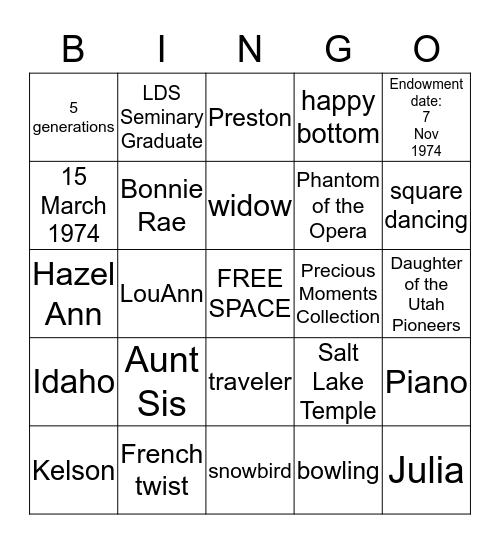 Grandma Nanny's Family Bingo Card