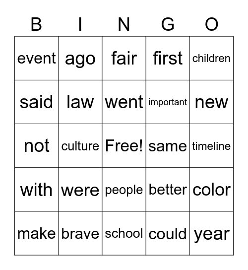 Spelling BINGO- February Bingo Card