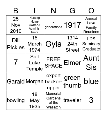 Grandma Nanny's Family Bingo Card