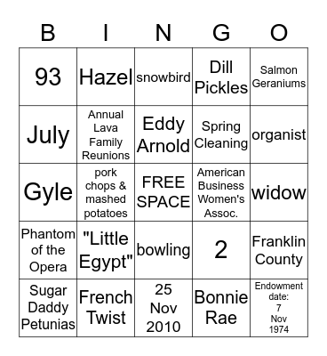 Grandma Nanny's Family Bingo Card