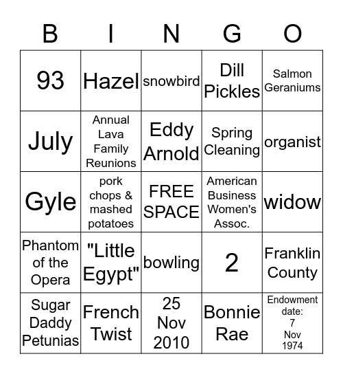 Grandma Nanny's Family Bingo Card