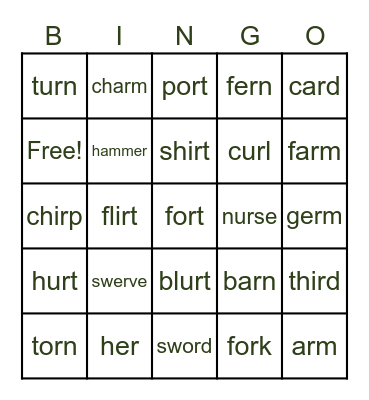 R Controlled Vowels Bingo Card