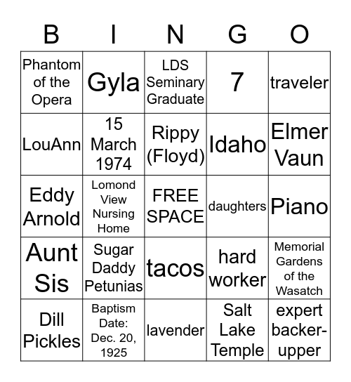 Grandma Nanny's Family Bingo Card