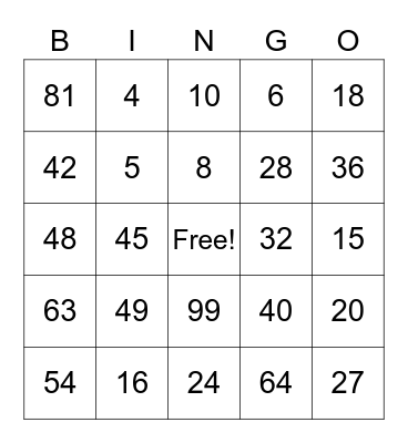 Multiplication Facts Bingo Card