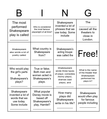 Shakespeare Facts Bingo Card