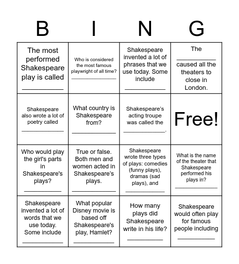 Shakespeare Facts Bingo Card