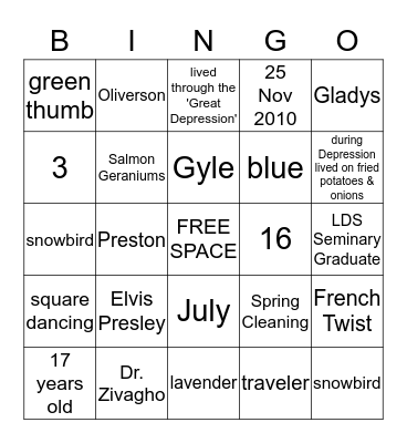 Grandma Nanny's Family Bingo Card