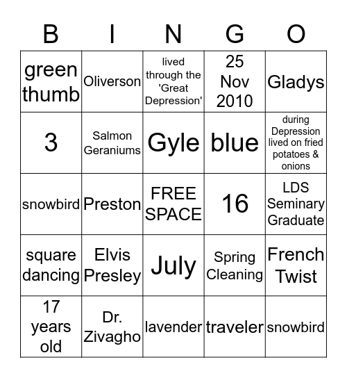 Grandma Nanny's Family Bingo Card