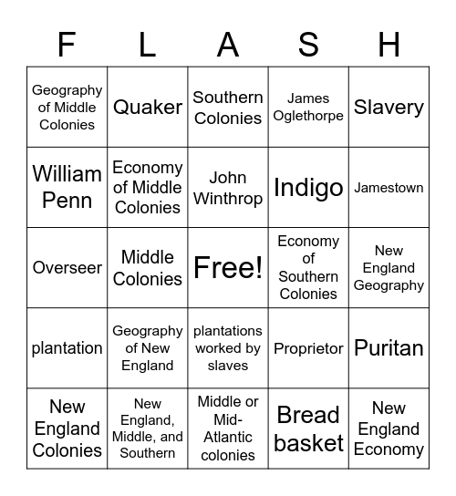13 Colonies FLASH Review Bingo Card