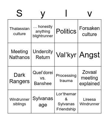 Sylvanas Novel Bingo Card