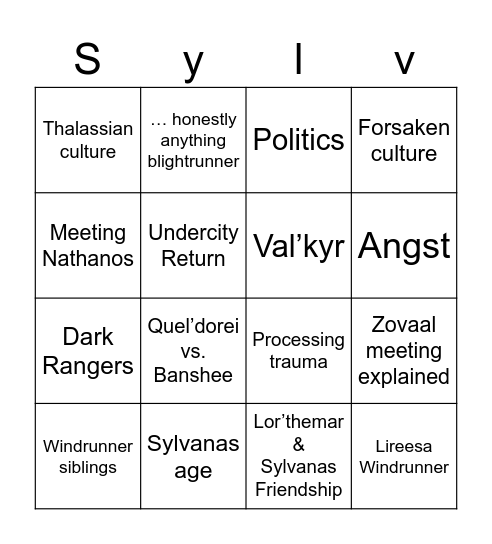 Sylvanas Novel Bingo Card