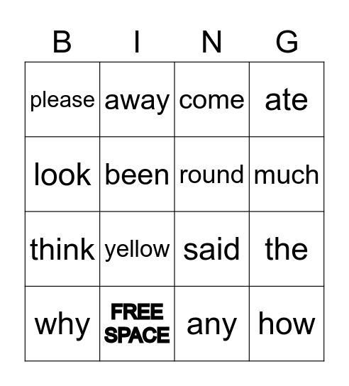 Sight Word Bingo Card
