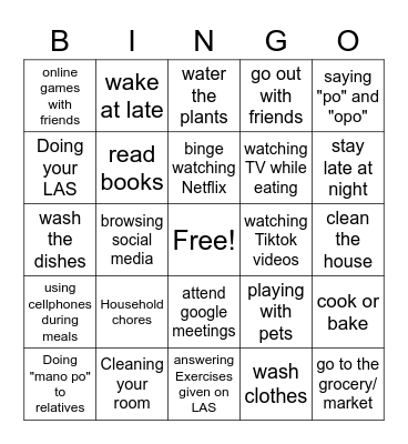 OBEDIENCE Bingo Card