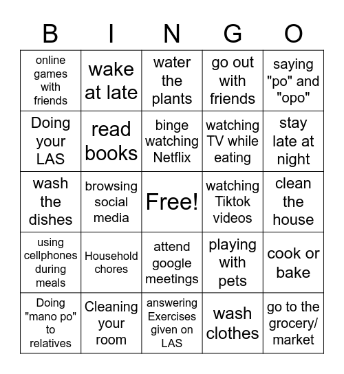 OBEDIENCE Bingo Card