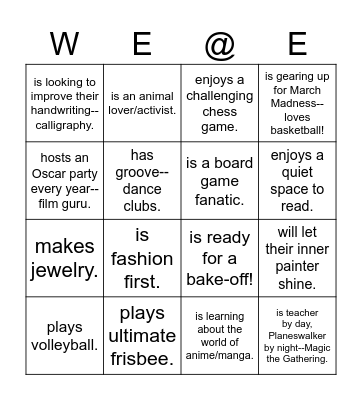 WE Days at Eckstein: Find someone who... Bingo Card