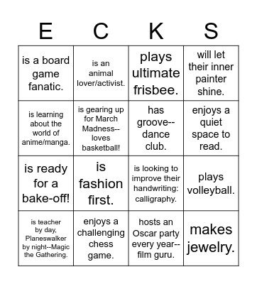 WE Days at Eckstein: Find someone who... Bingo Card