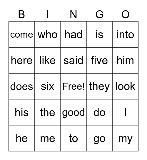 Sight Word Bingo Card