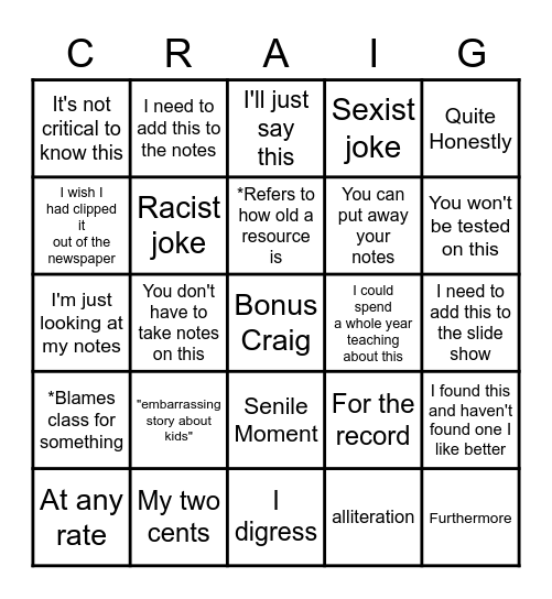 CRAIG-O Bingo Card
