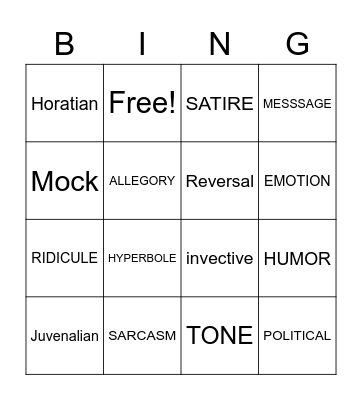 Satirical Vocabulary Bingo Card