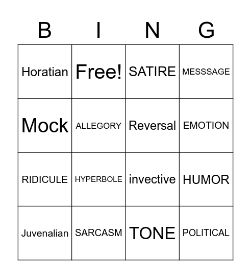 Satirical Vocabulary Bingo Card