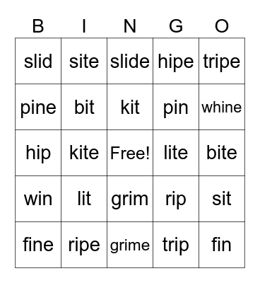 Long i, Short i Bingo Card