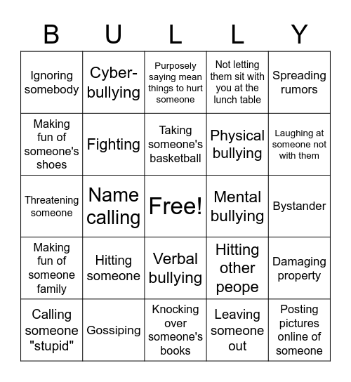 Bullying Bingo Card