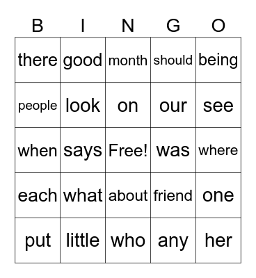 sight words Bingo Card