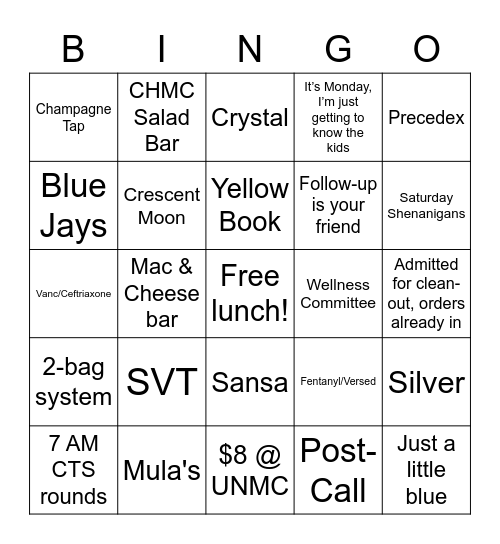 UNMC Residency Bingo 2022 Bingo Card