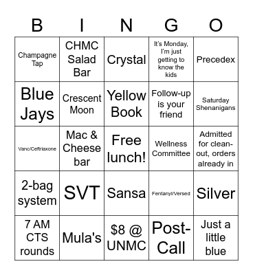 UNMC Residency Bingo 2022 Bingo Card