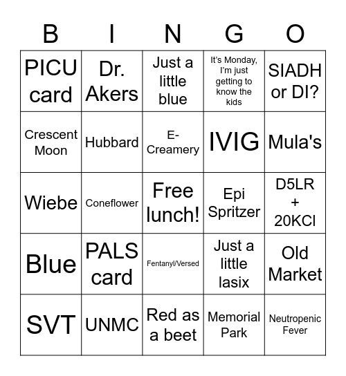 UNMC Residency Bingo 2022 Bingo Card