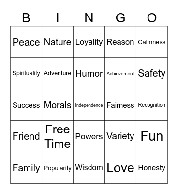 PERSONAL VALUES Bingo Card