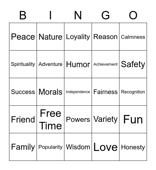 PERSONAL VALUES Bingo Card