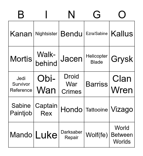 Ahsoka Bingo Card