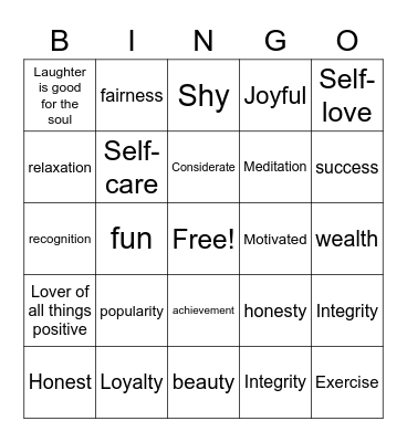 PERSONAL VALUES Bingo Card