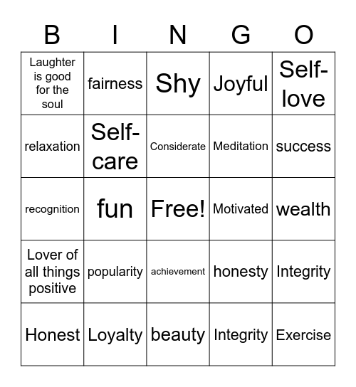 PERSONAL VALUES Bingo Card