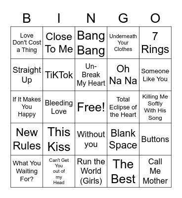 Ultimate Pop Diva Music Bingo Card