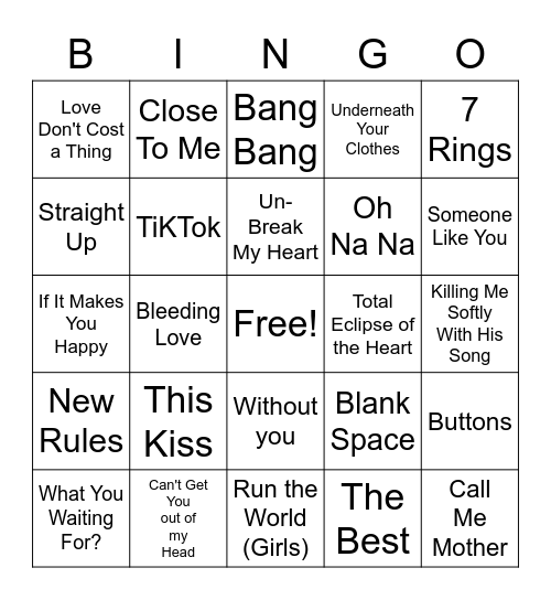 Ultimate Pop Diva Music Bingo Card