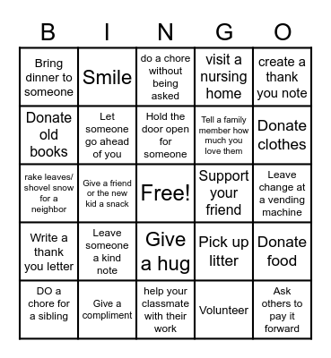 Acts of Kindness Bingo Card