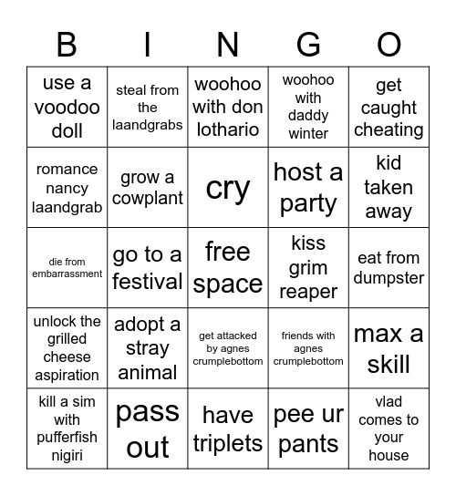 the sims bingo Card