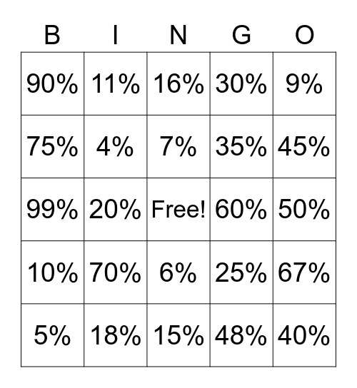 Percent Bingo Card