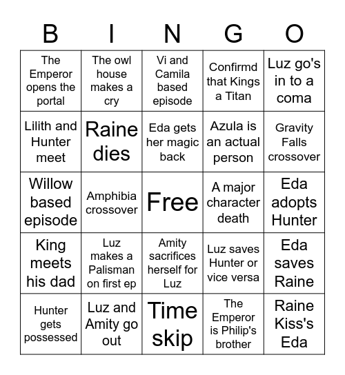 The Owl House 2B Predictions Bingo Card