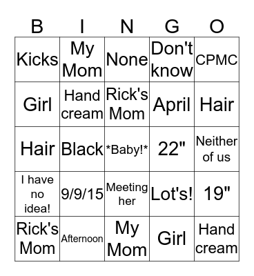 Sheila's Baby Bingo! Bingo Card