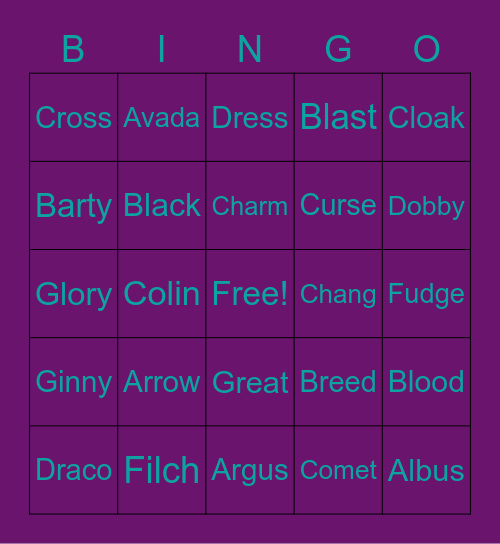 5 Letter Harry Potter Words Bingo Card