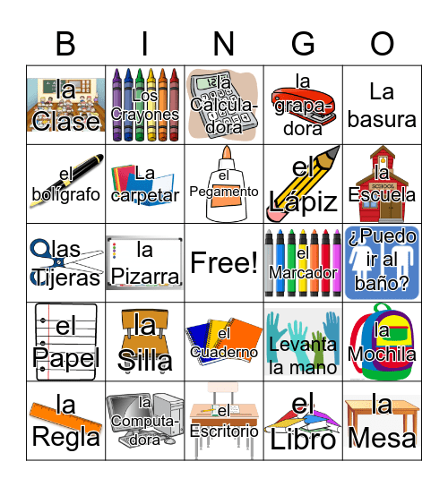 School Supplies In Spanish Bingo Card