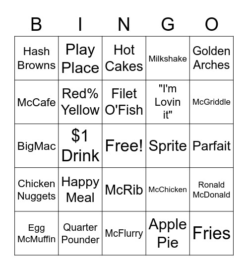 McDonalds Bingo Card